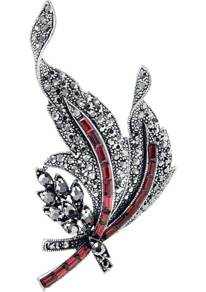 Kadın Kırmızı Taşlı Markazit Broş