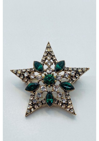 Elmas Montür Yeşil Taşlı Yıldız Broş