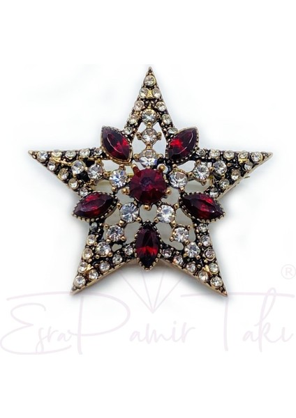 Elmas Montür Kırmızı Taşlı Yıldız Broş