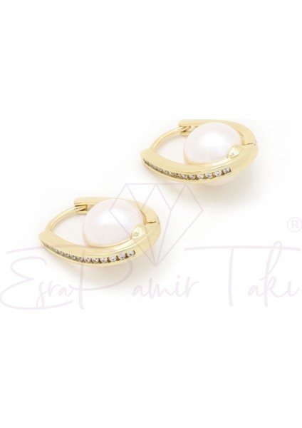 Incili Zirkon Taşlı Altın Renk Küpe