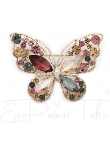 Pembe Vee Kehribar Renk Taşlı Gümüş Renk Kelebek Broş