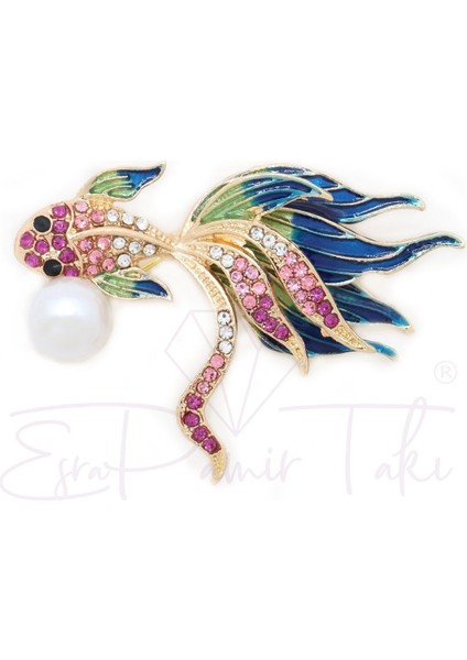 Pembe ve Mavi Renk Incili Balık Broş