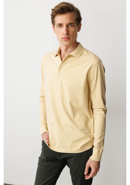 Erkek Polo Yaka Uzun Kollu Sweatshirt Sarı