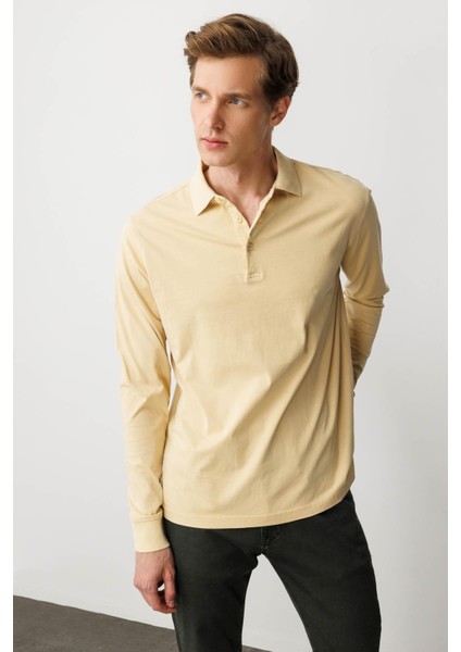 Erkek Polo Yaka Uzun Kollu Sweatshirt Sarı modelleri