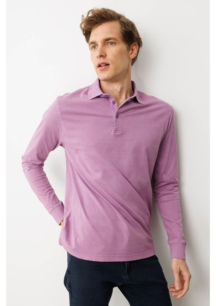 Erkek Polo Yaka Uzun Kollu Sweatshirt Lila