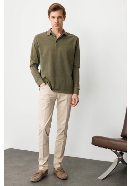 Erkek Polo Yaka Uzun Kollu Sweatshirt Haki