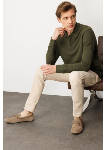 Erkek Polo Yaka Sweatshirt Haki