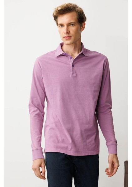 Erkek Polo Yaka Uzun Kollu Sweatshirt Lila fiyatları