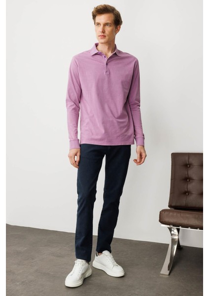 Erkek Polo Yaka Uzun Kollu Sweatshirt Lila fırsatları