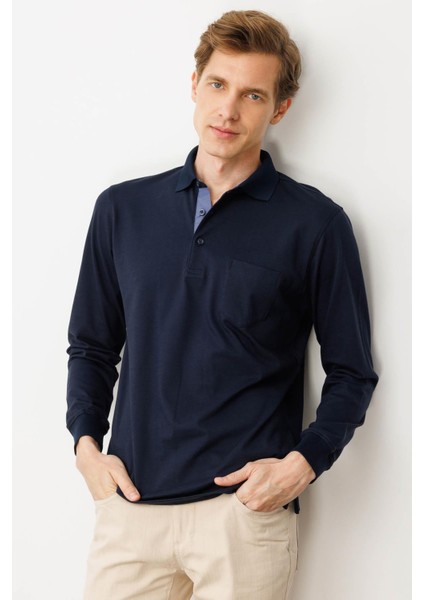 Erkek Polo Yaka Pike Dokuma Sweatshirt K.lacivert