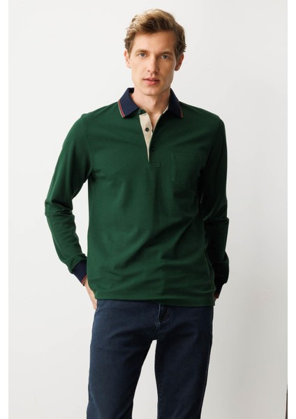 Erkek Polo Yaka Pike Dokuma Sweatshirt Yeşil