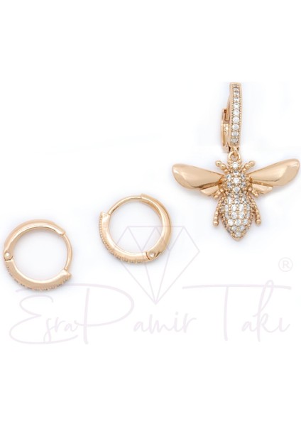 Zirkon Taşlı Rose Gold Renk Arı Küpe Seti