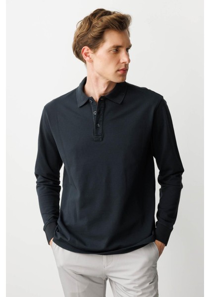 Erkek Polo Yaka Sweatshirt Füme