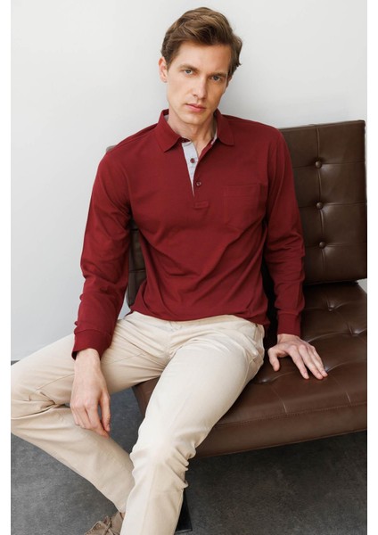 Erkek Polo Yaka Pike Dokuma Sweatshirt Bordo