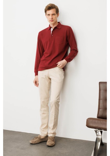 Erkek Polo Yaka Pike Dokuma Sweatshirt Bordo