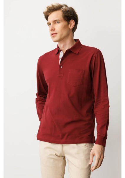 Erkek Polo Yaka Pike Dokuma Sweatshirt Bordo