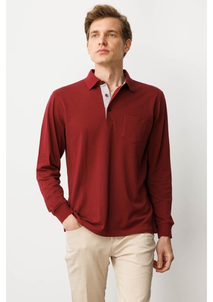 Erkek Polo Yaka Pike Dokuma Sweatshirt Bordo