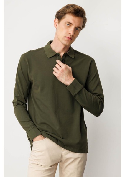 Erkek Polo Yaka Sweatshirt Haki