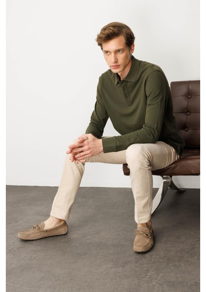 Erkek Polo Yaka Sweatshirt Haki