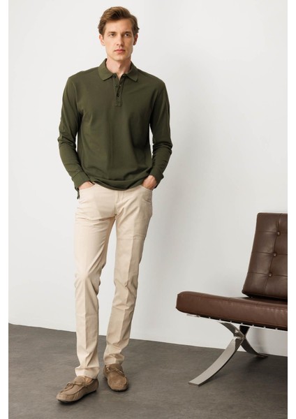Erkek Polo Yaka Sweatshirt Haki
