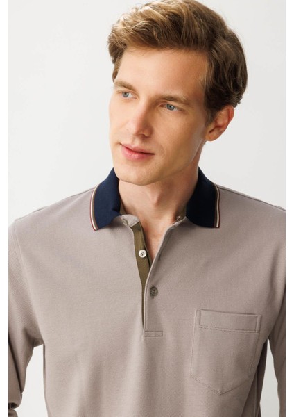 Erkek Polo Yaka Pike Dokuma Sweatshirt Bej