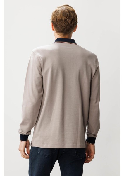 Erkek Polo Yaka Pike Dokuma Sweatshirt Bej