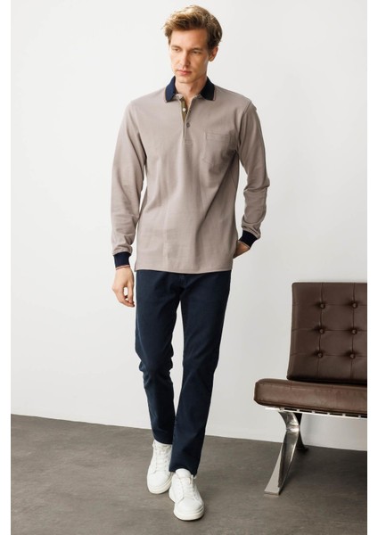 Erkek Polo Yaka Pike Dokuma Sweatshirt Bej