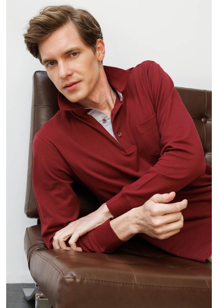 Erkek Polo Yaka Pike Dokuma Sweatshirt Bordo