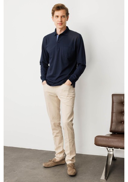 Erkek Polo Yaka Pike Dokuma Sweatshirt K.lacivert