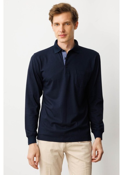 Erkek Polo Yaka Pike Dokuma Sweatshirt K.lacivert