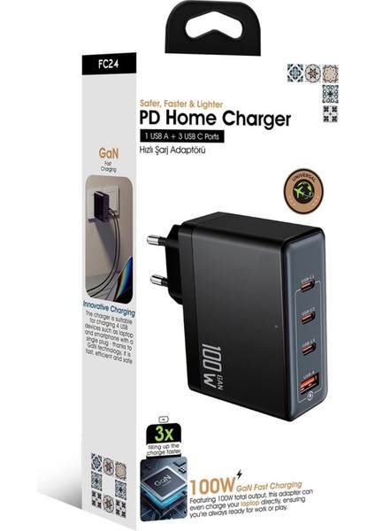 100WHIZLI Şarj Adaptörü 3x Usb-C + 1x Usb-A Çoklu Port | Laptop & Telefon Uyumlu | Pd Power Delivery modelleri