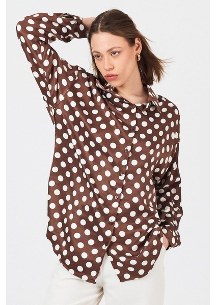 Kahve Puantiye Desen Oversize Saten Gömlek 9411