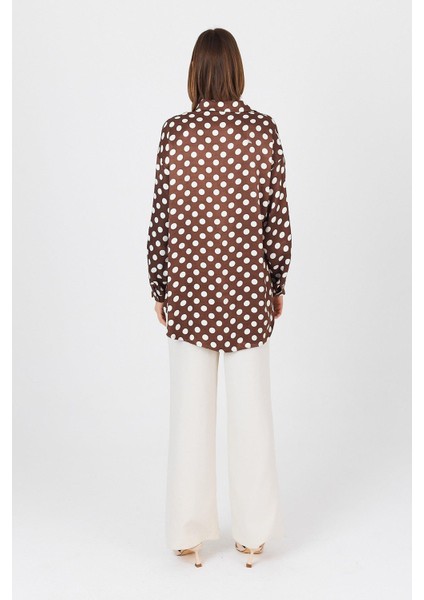 Kahve Puantiye Desen Oversize Saten Gömlek 9411