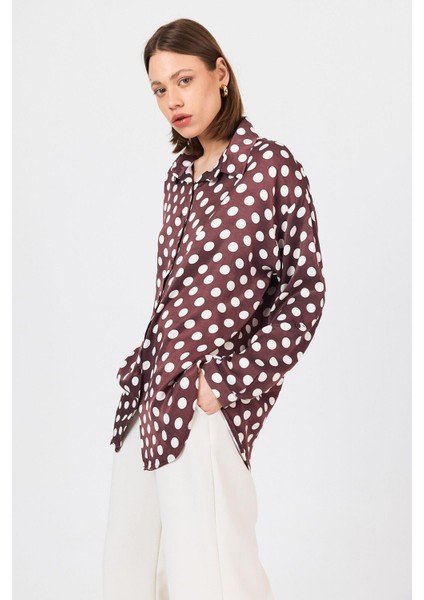 Bordo Puantiye Desen Oversize Saten Gömlek 9411