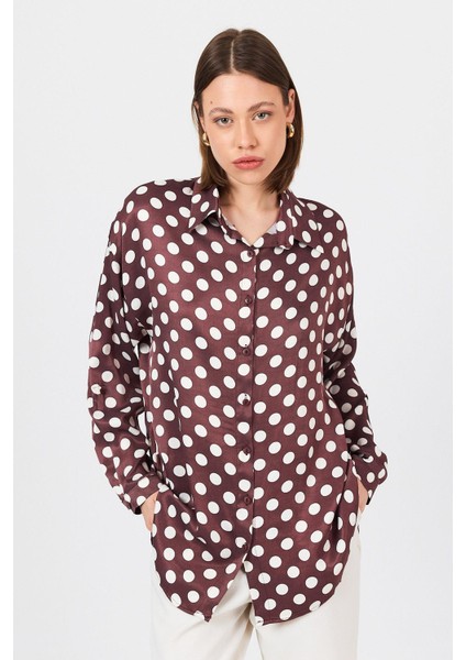 Bordo Puantiye Desen Oversize Saten Gömlek 9411 fiyatları