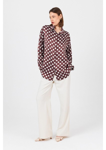 Bordo Puantiye Desen Oversize Saten Gömlek 9411 modelleri