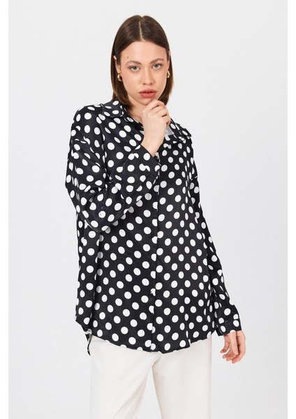 Siyah Puantiye Desen Oversize Saten Gömlek 9411