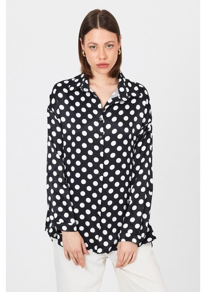 Siyah Puantiye Desen Oversize Saten Gömlek 9411 modelleri