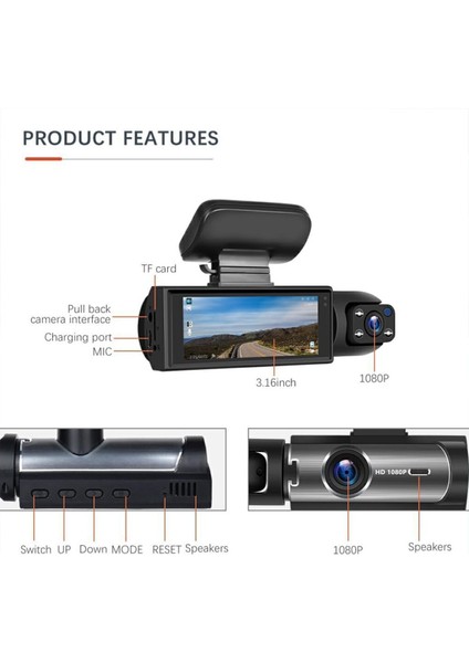 Araba Video Kaydedici Uyumlu Üç Lensli Arabanın Önü Arabanın Içi Hd Gece Görüşü Geniş Açı fırsatları