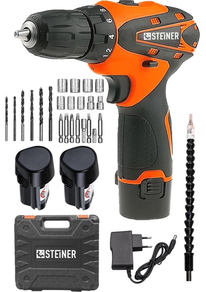 Germany Technology 36 V Metal Şanzıman Çift Akülü Şarjlı Vidalama Matkap + 24 Parça Set