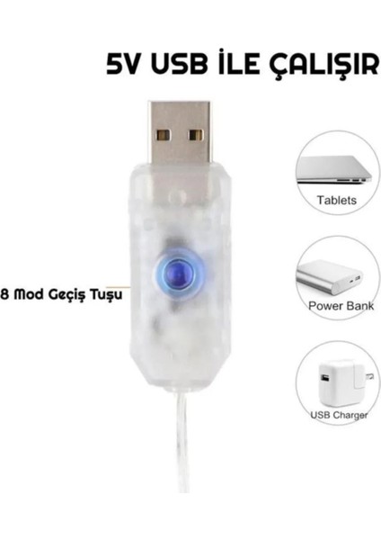 USB Perde Peri LED Kumandali Dekoratif Su Geçirmez Sarı