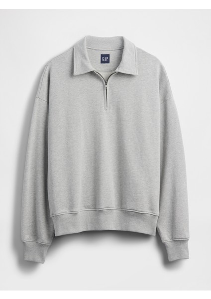 Erkek Gri Heavyweight Oversized Yarım Fermuarlı Sweatshirt