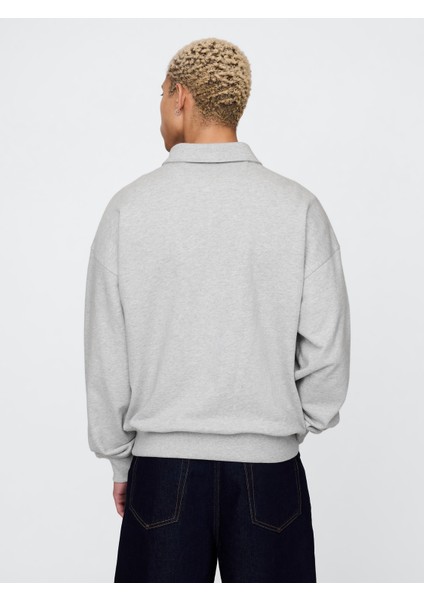 Erkek Gri Heavyweight Oversized Yarım Fermuarlı Sweatshirt