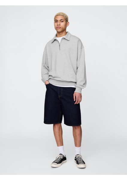 Erkek Gri Heavyweight Oversized Yarım Fermuarlı Sweatshirt