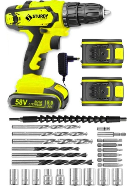 Japon Technology 58V 8AH Y-7 Metal Şanzıman Şarjlı Çift Akülü Vidalama 27PRÇ Uç Setli