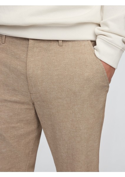 Erkek Bej Keten Straight Pantolon
