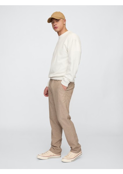Erkek Bej Keten Straight Pantolon