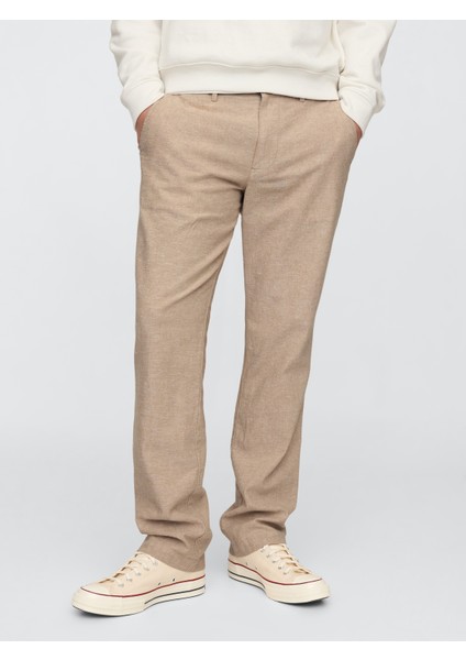 Erkek Bej Keten Straight Pantolon