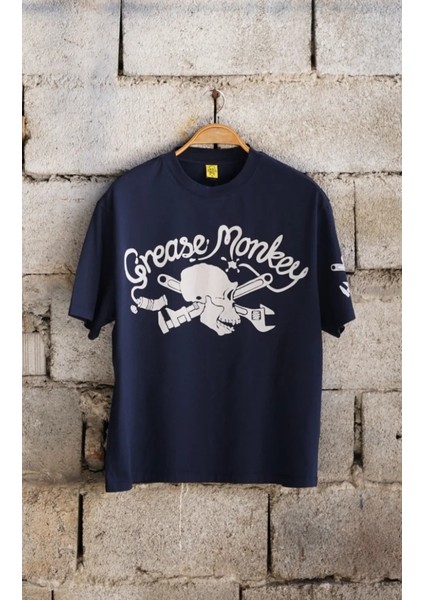 Grease Monkey Motorcycle Unisex Lacivert Oversize Tişört