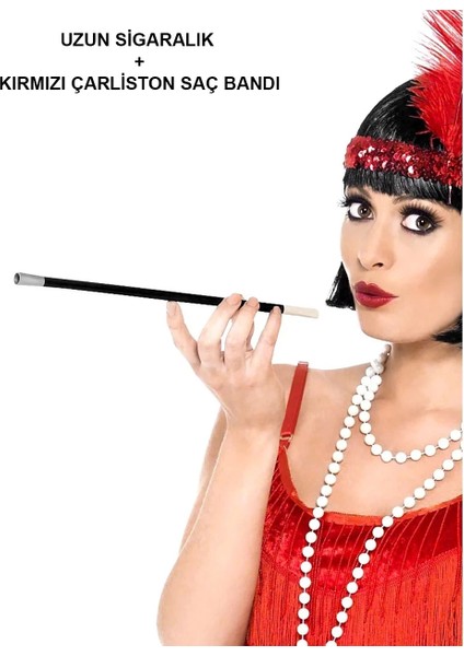 192039LER 199039LAR Gatsby Kadın Aksesuar Seti – Kırmızı Charleston Saç Bandı ve Lık